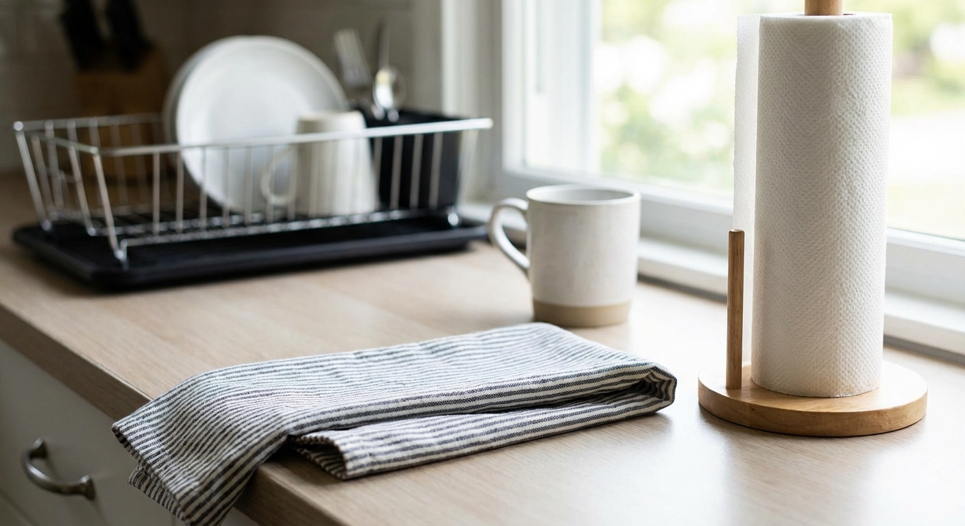 A hand wipes a dark surface with a tissue near a paper roll and plant.