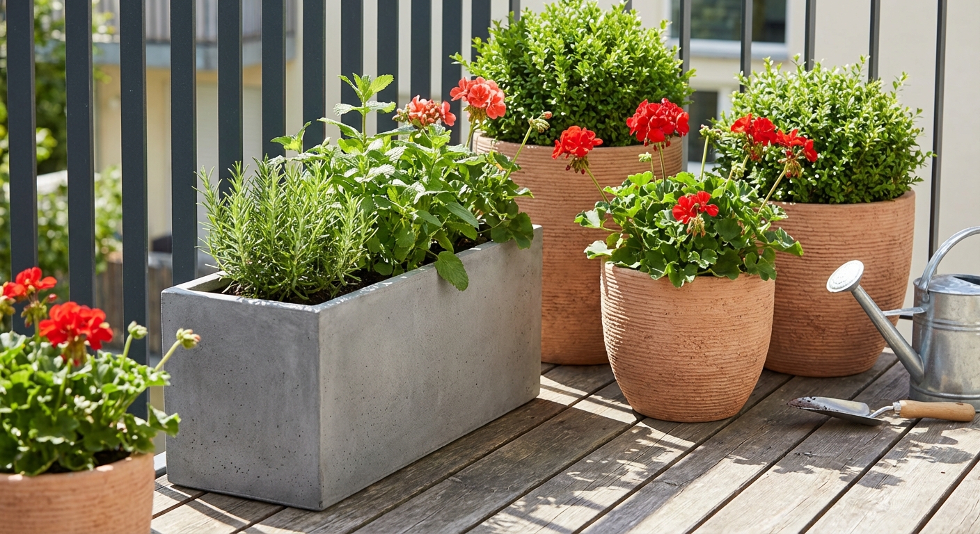 A close-up view of charming balconies adorned with potted plants on a yellow residential building.