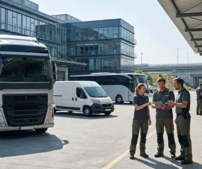 Truck at loading dock with three workers discussing a tablet while others handle boxes nearby.