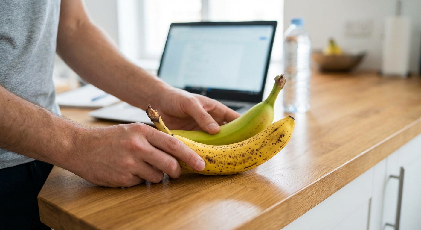 Ripe bananas displayed in bunches on a blue surface, highlighting their tropical appeal.