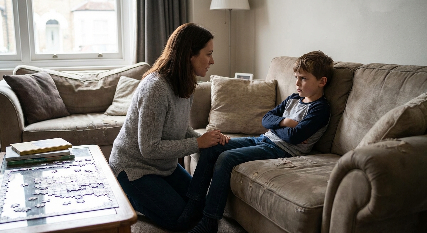 A mother correcting her teenage daughter's behavior during breakfast, conveying parenting dynamics.