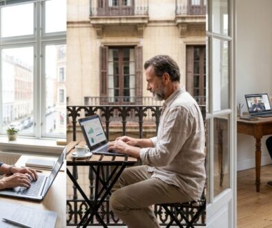 Three scenes of people working on laptops in different home offices: a woman at a laptop in a bright library, a man on a balcony using a laptop, and another man at a desk on a video call behind glass doors.