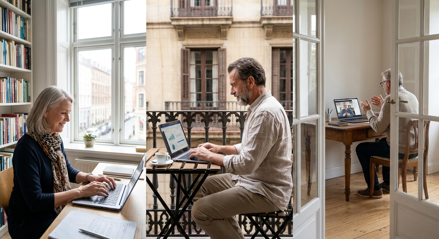 Three scenes of people working on laptops in different home offices: a woman at a laptop in a bright library, a man on a balcony using a laptop, and another man at a desk on a video call behind glass doors.