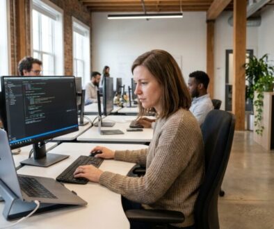 Developer at a shared desk coding on a large monitor in a bright open-office space.