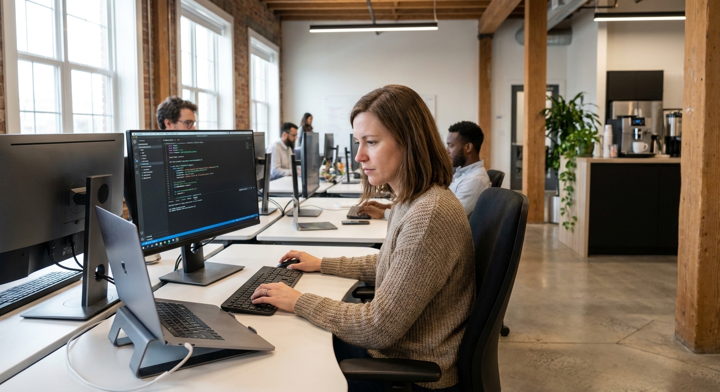 Developer at a shared desk coding on a large monitor in a bright open-office space.