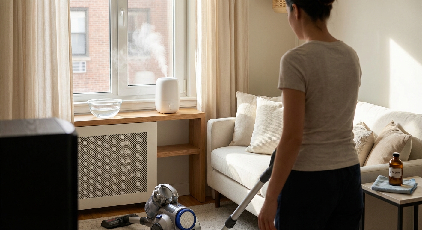 Close-up of a woman wiping a table with a spray bottle and cloth indoors, symbolizing effective housekeeping.