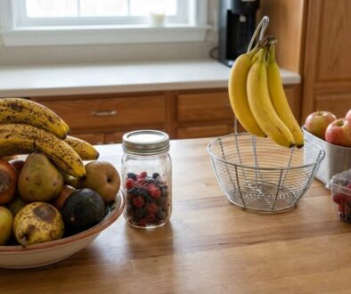 A kitchen island with bowls of fruit: bananas, apples, pears, and avocados, plus a jar of berries on the counter.