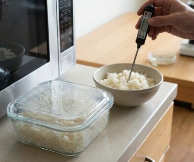 In a kitchen, a hand inserts a digital thermometer into a bowl of cooked rice on the counter, with a glass container of rice nearby and a microwave in view nearby.