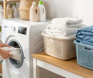 Person loading a front-loading washing machine with a white towel in a laundry room, surrounded by detergent bottles and baskets.