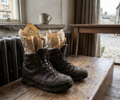 Pair of muddy brown hiking boots stuffed with crumpled newspaper sit on a wooden bench by a radiator inside a stone-walled room, with a window and street outside.