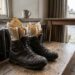 Pair of muddy brown hiking boots stuffed with crumpled newspaper sit on a wooden bench by a radiator inside a stone-walled room, with a window and street outside.