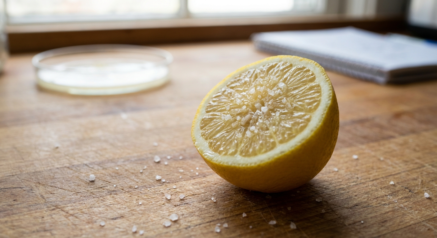 Freshly sliced lemon on a wooden surface with a blurred background, showcasing vibrant citrus fruit details.