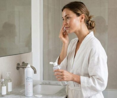 Woman in a white robe applies skincare to her face at a bathroom sink vanity.