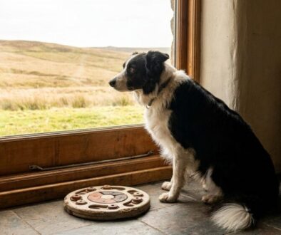 Dog sits by a large window indoors, gazing outside at a field; a circular puzzle toy rests on the floor nearby.