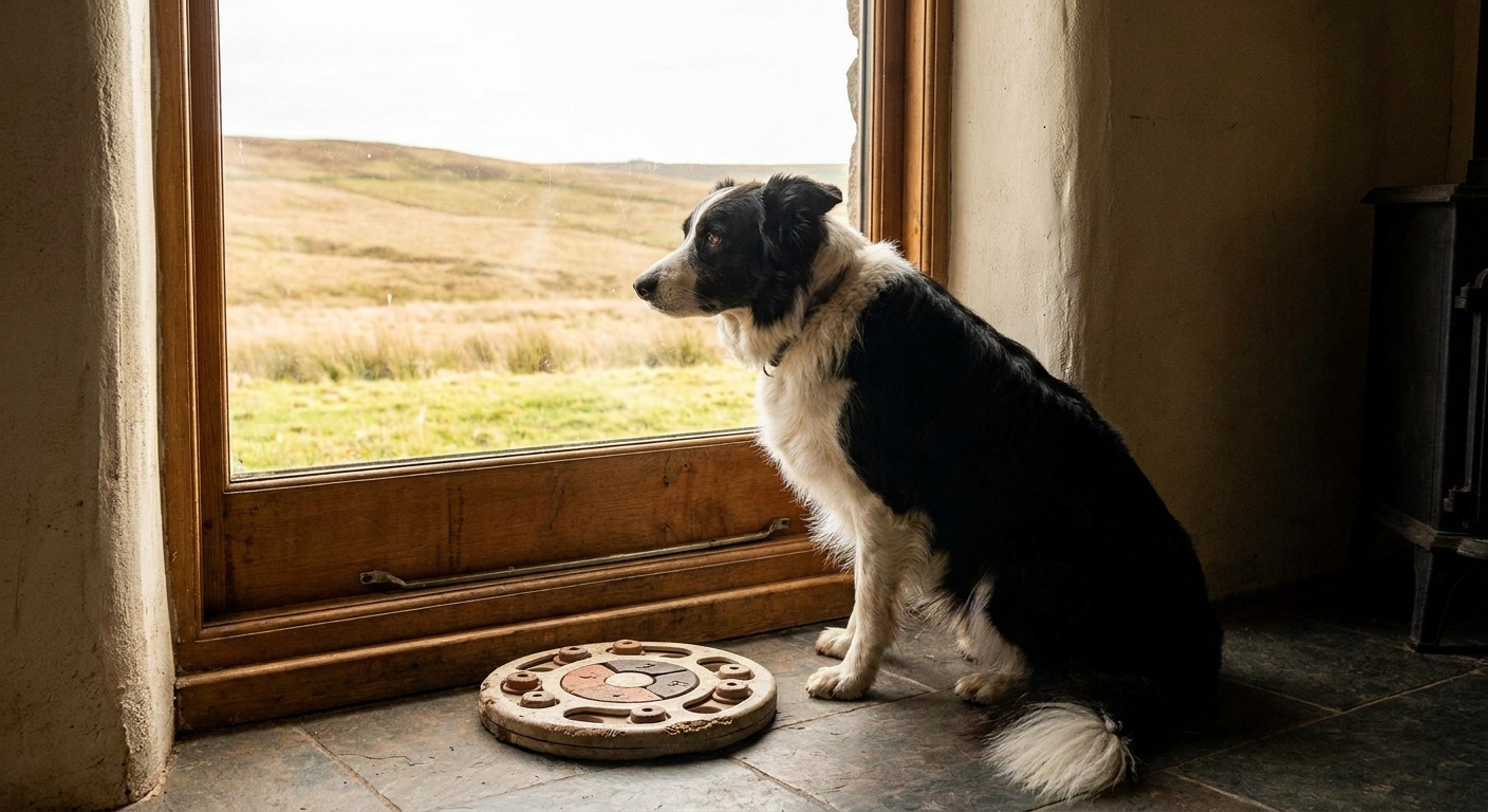 Dog sits by a large window indoors, gazing outside at a field; a circular puzzle toy rests on the floor nearby.