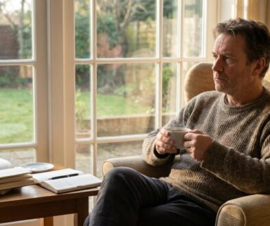 Middle-aged man in a sweater sits in a beige armchair by a sunlit window, sipping from a mug while books lie open on a table.