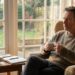 Middle-aged man in a sweater sits in a beige armchair by a sunlit window, sipping from a mug while books lie open on a table.