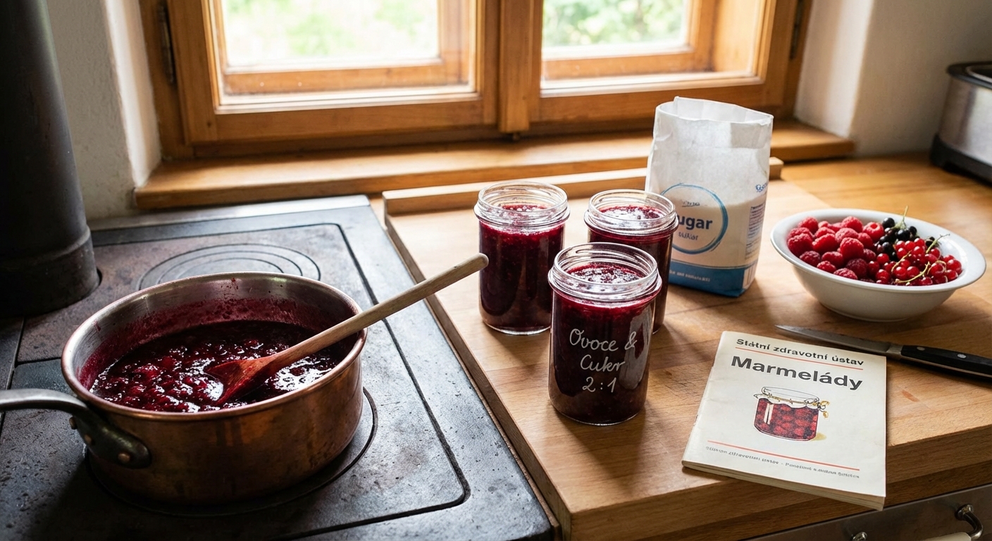 Close-up of hands making fresh strawberry jam with mint garnish.