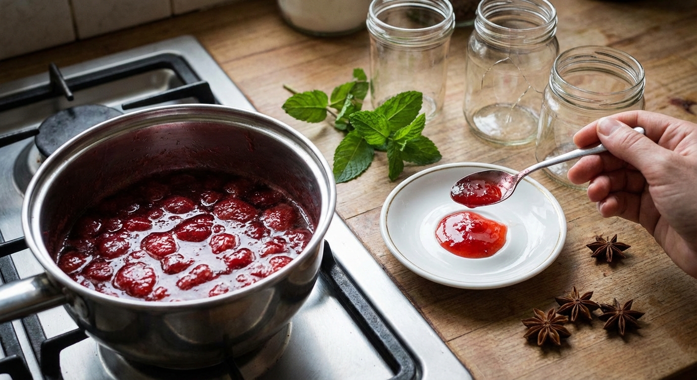 Aerial view of strawberries in a jar covered with sugar, placed on a white plate.