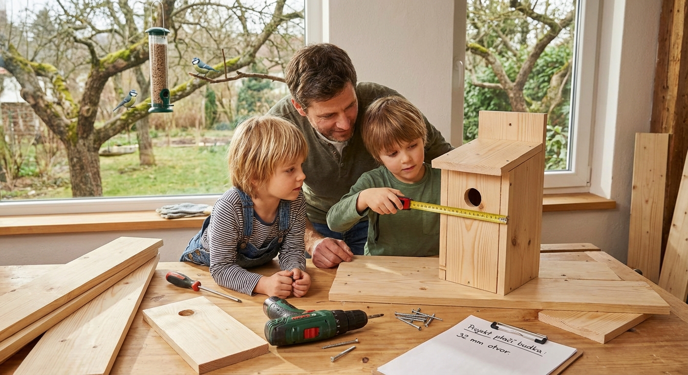 A tit flying out of a wooden birdhouse surrounded by green leaves in daylight.