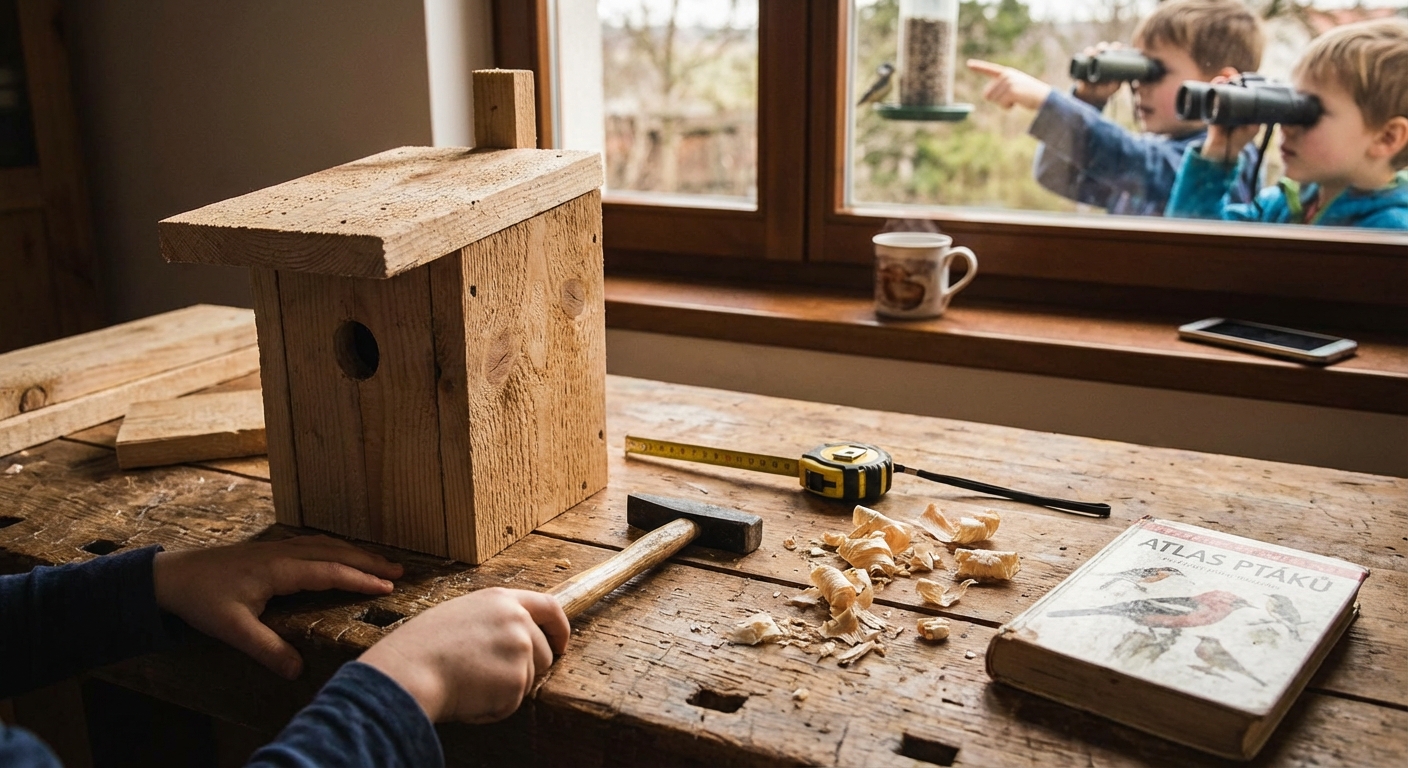 Vibrant goldfinches and a great tit gather at a rustic birdhouse outdoors, capturing nature's lively scene.