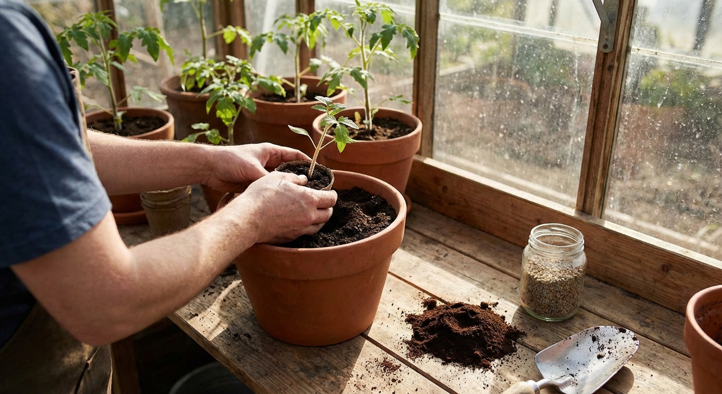 Close-up of gloved hands planting a seedling in garden soil with a trowel. Vibrant gardening scene.
