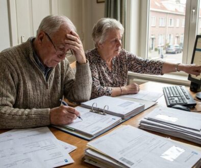 Older couple at a wooden desk by a window; the woman points to a computer screen while the man writes in a binder, surrounded by papers.