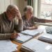 Older couple at a wooden desk by a window; the woman points to a computer screen while the man writes in a binder, surrounded by papers.