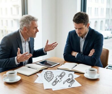 Two suited men argue over a wooden table in a bright office; one gesticulates passionately as the other sits with arms crossed, papers with doodles (lion, paperclip, magnet) and notebooks, plus a tablet and two cups of coffee.