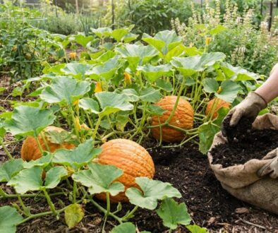 Person wearing gloves bags soil from a pumpkin patch, with orange pumpkins and sprawling green vines nearby.