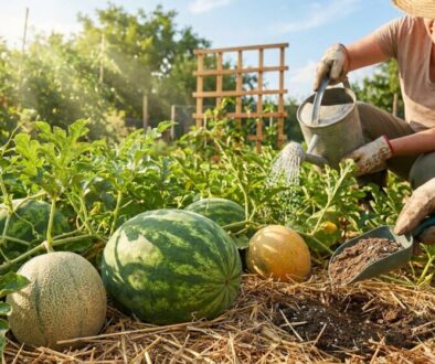 Gardener in a straw hat waters and harvests ripe melons growing among straw mulch in a sunny garden.