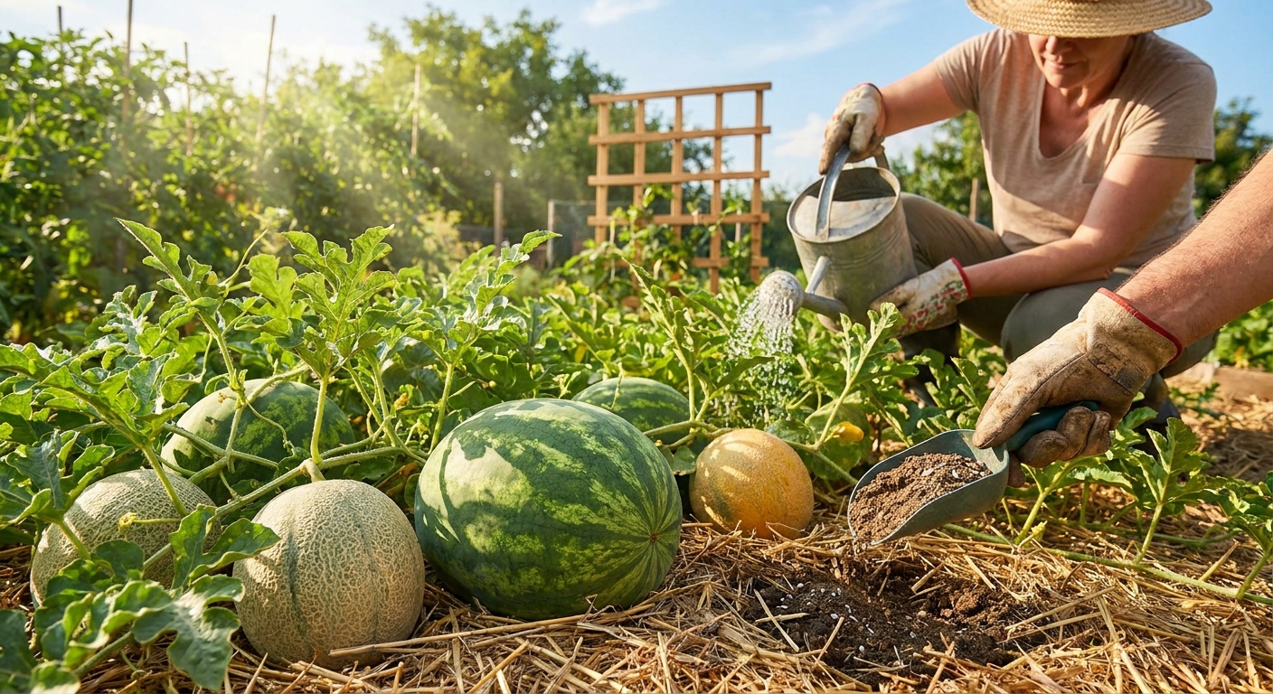 Gardener in a straw hat waters and harvests ripe melons growing among straw mulch in a sunny garden.