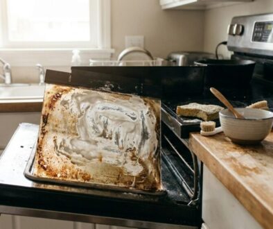 Open oven with a heavily soiled baking sheet inside; a jar labeled 'Baking Soda' and cleaning brushes sit on the wooden counter nearby.