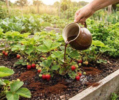 Hand pouring dark soil onto a strawberry raised-bed garden bed while berries grow nearby