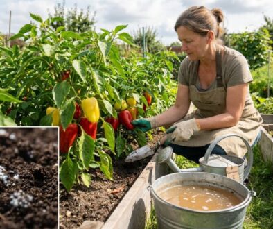 A woman in an apron harvests red and yellow peppers from a raised garden bed on a sunny day, with a watering can nearby.