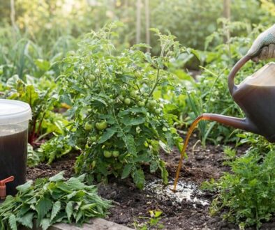 Gardener wearing gloves waters a tomato plant in a garden, pouring from a brown watering can beside a large bucket of dark liquid fertilizer.