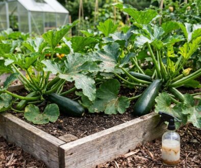 Raised wooden garden bed filled with zucchini plants and large green leaves; a spray bottle sits on the soil nearby, with a greenhouse in the background.