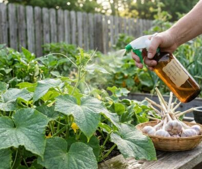 Person spraying a garden plant with a spray bottle while garlic bulbs rest in a basket on a wooden table nearby.