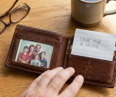 Open brown leather wallet on a wooden table, showing a family photo in the slot and a handwritten 'Save for a house' note; glasses and a mug nearby.