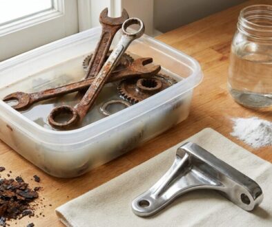Rusty wrenches and gears soaking in a plastic tub of soapy water on a wooden workbench.