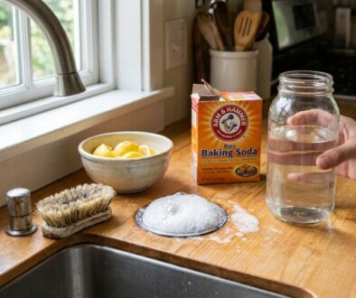 Hand holding a glass jar of water beside a box of baking soda on a wooden kitchen counter. A mound of baking soda sits on a metal dish nearby, with a brush and lemons in the background.