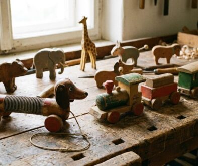 Row of vintage wooden toys on a worn workbench: spring dog pull toy, train cars, giraffe, and elephants.