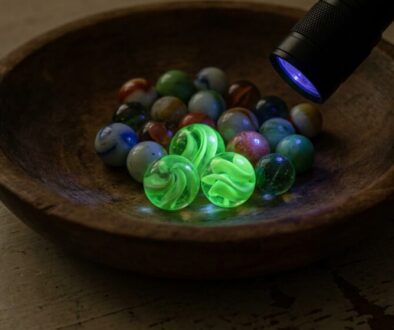 Wooden bowl with colorful marbles glowing green under a UV flashlight.