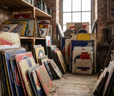Vintage signs leaning against a dusty wooden floor in a cluttered brick workshop, with shelves of more signs and tools in the background.