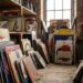Vintage signs leaning against a dusty wooden floor in a cluttered brick workshop, with shelves of more signs and tools in the background.