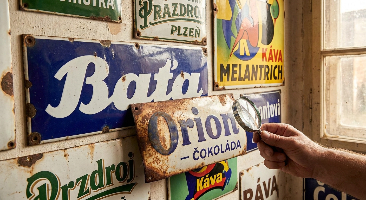 Staré smaltované cedule z dob první republiky. Pokud najdete tuhle značku, sběratelé se o ni poperou