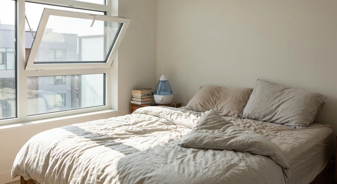 A comfortable unmade bed with white linens and pillows in a contemporary hotel setting.