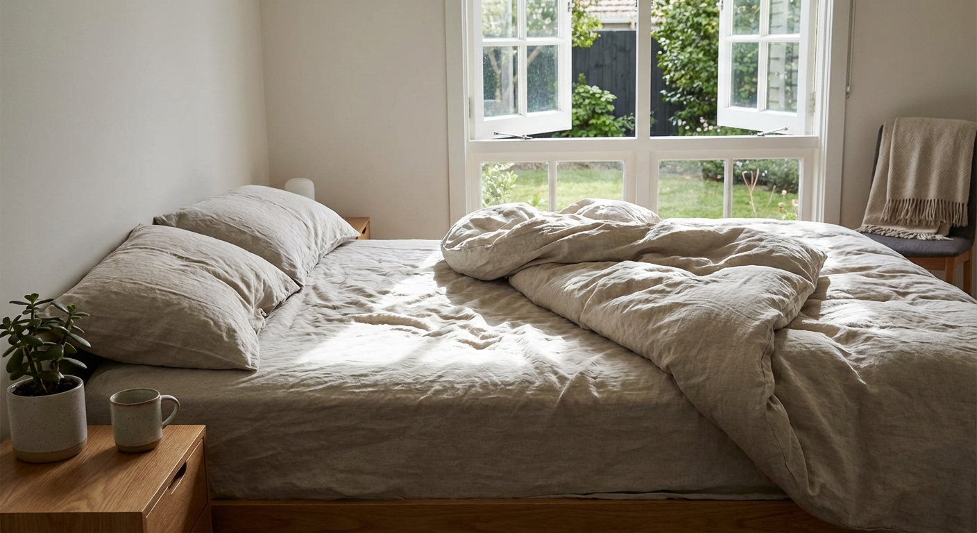 Soft crumpled bed sheets with a pillow evoke a sense of comfort and relaxation in a bedroom setting.