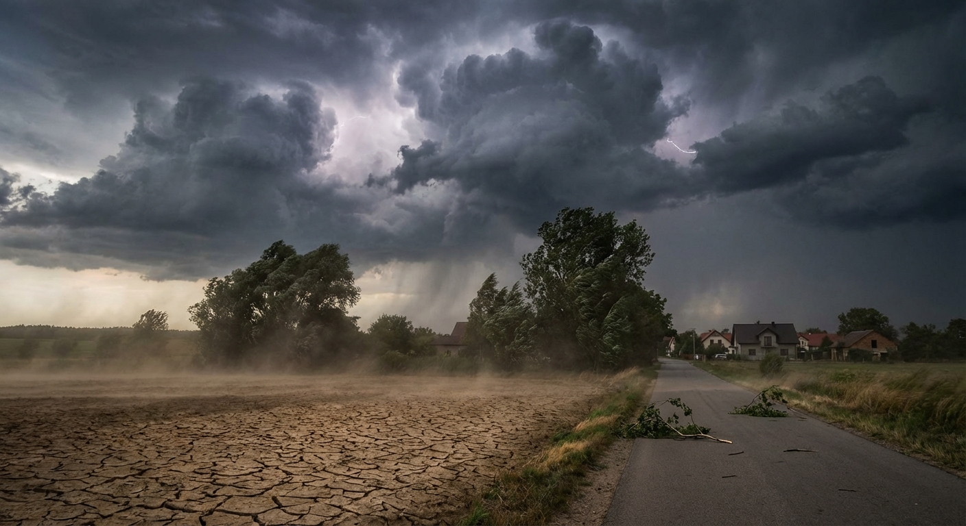 Majestic storm clouds forming over a vast, open grass field, hinting at an impending downpour.