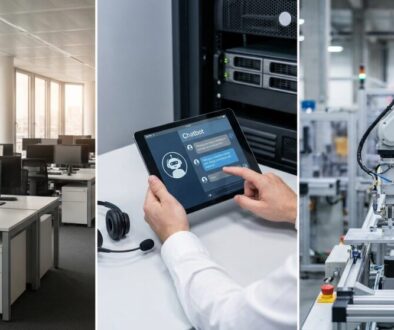 Three-panel collage: an open office with desks and monitors, a tablet showing a chatbot, and a robotic arm at a manufacturing line.